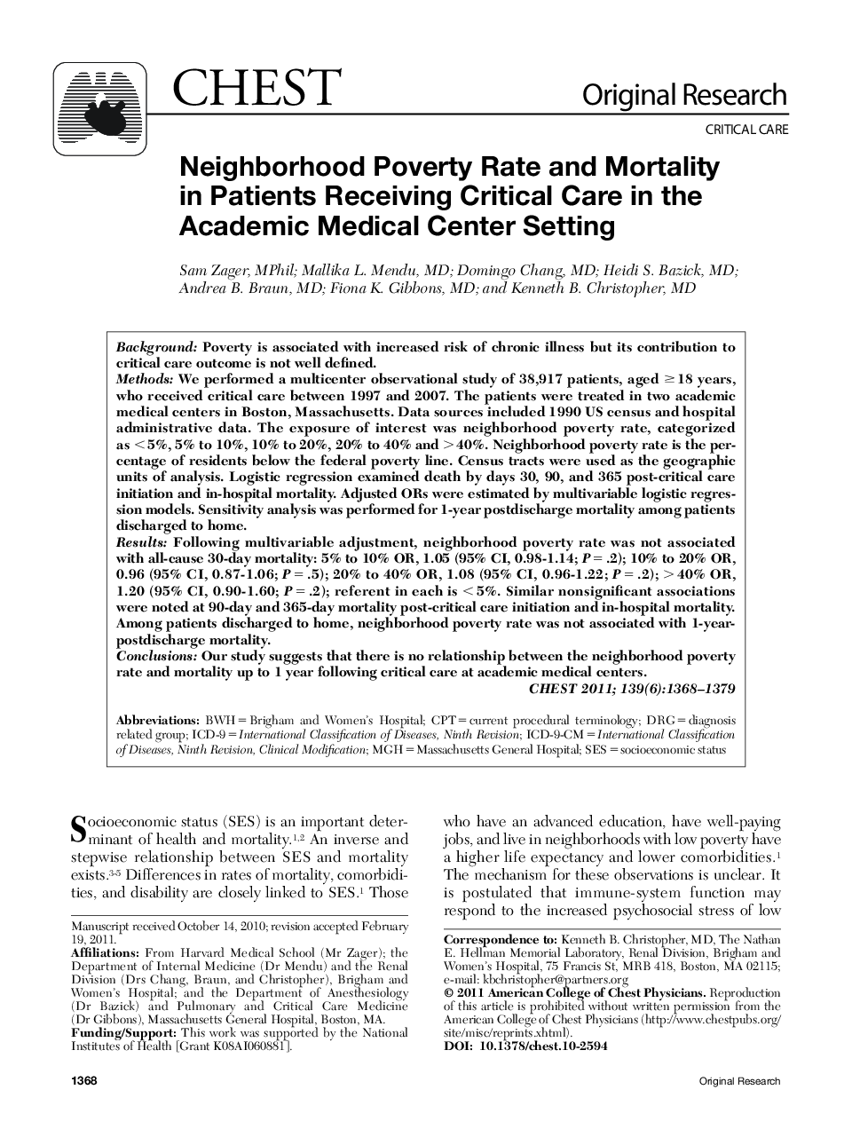 Neighborhood Poverty Rate and Mortality in Patients Receiving Critical Care in the Academic Medical Center Setting