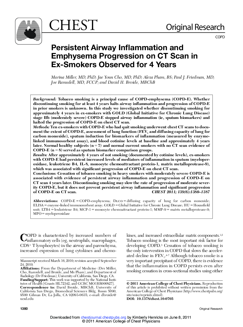 Original ResearchCOPDPersistent Airway Inflammation and Emphysema Progression on CT Scan in Ex-Smokers Observed for 4 Years