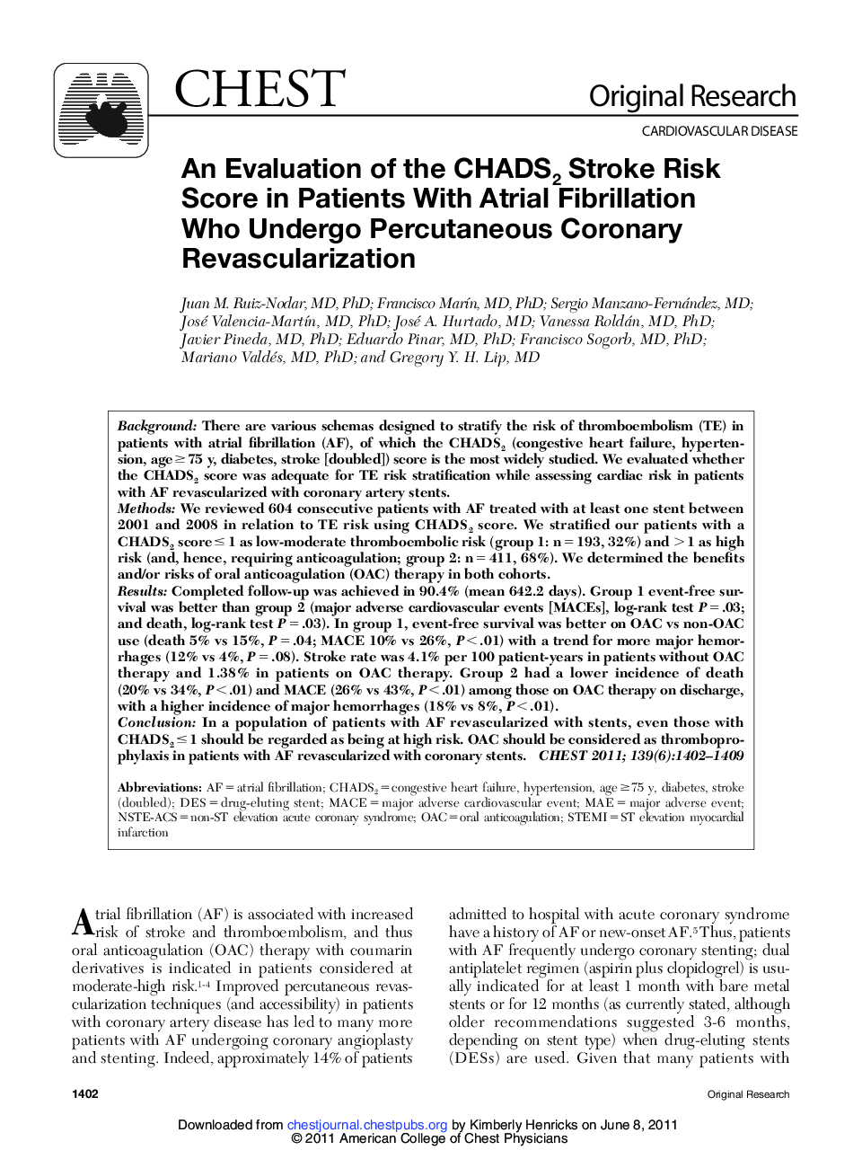 An Evaluation of the CHADS2 Stroke Risk Score in Patients With Atrial Fibrillation Who Undergo Percutaneous Coronary Revascularization