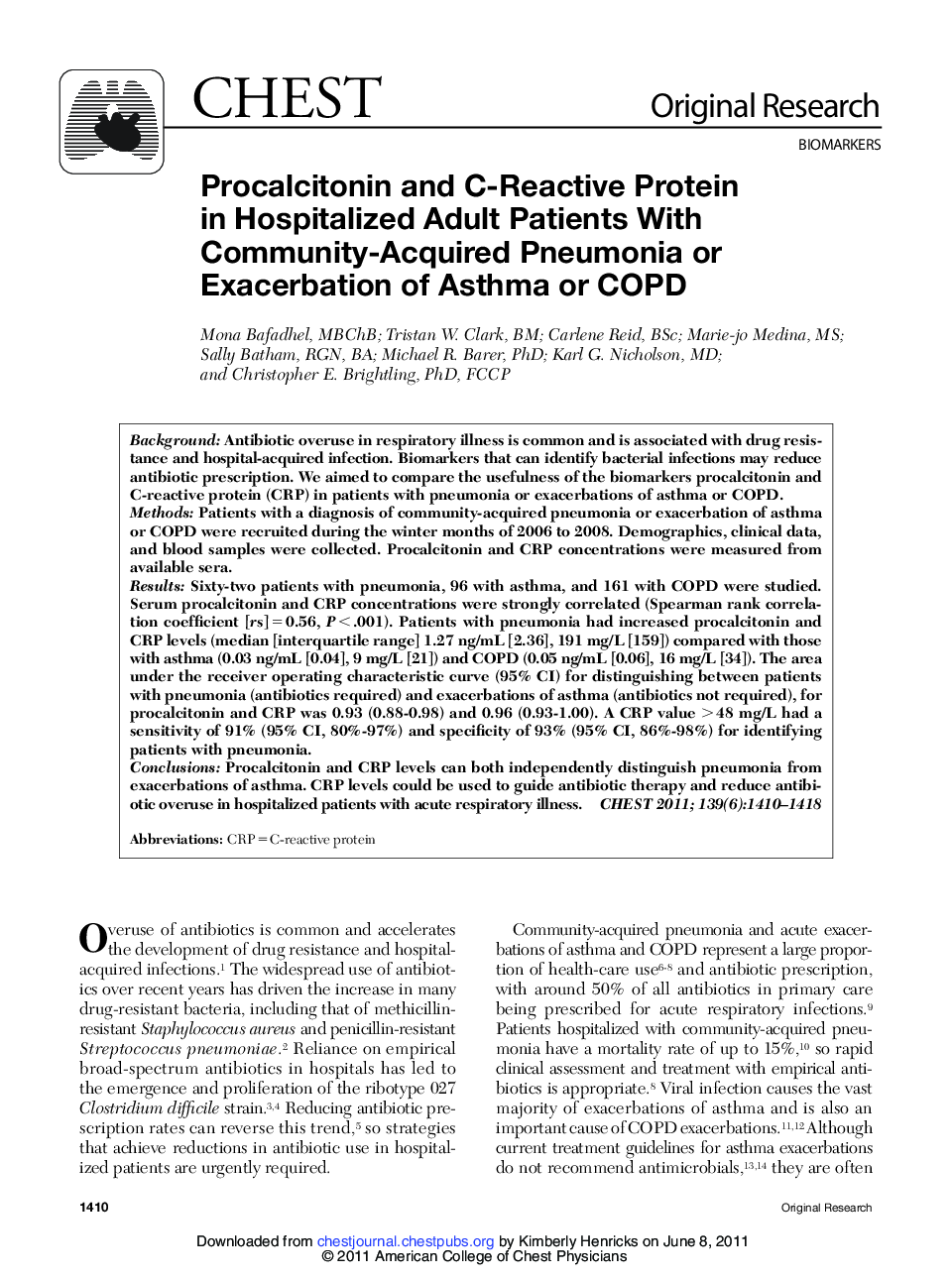 Procalcitonin and C-Reactive Protein in Hospitalized Adult Patients With Community-Acquired Pneumonia or Exacerbation of Asthma or COPD