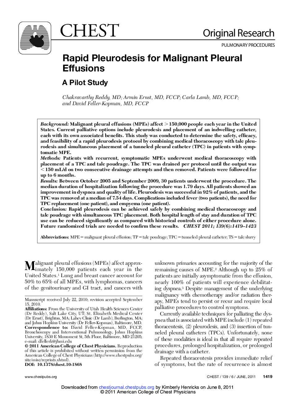 عکس صفحه اول مقاله: Rapid Pleurodesis for Malignant Pleural Effusions Rapid Pleurodesis for Malignant Pleural Effusions