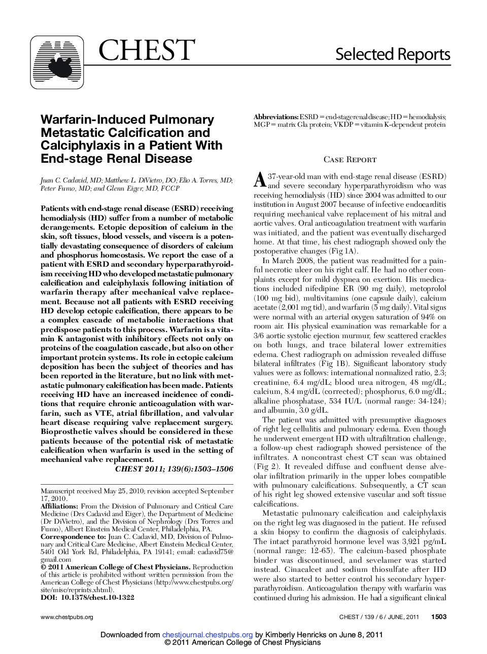 عکس صفحه اول مقاله: Warfarin-Induced Pulmonary Metastatic Calcification and Calciphylaxis in a Patient With End-stage Renal Disease Warfarin-Induced Pulmonary Metastatic Calcification and Calciphylaxis in a Patient With End-stage Renal Disease