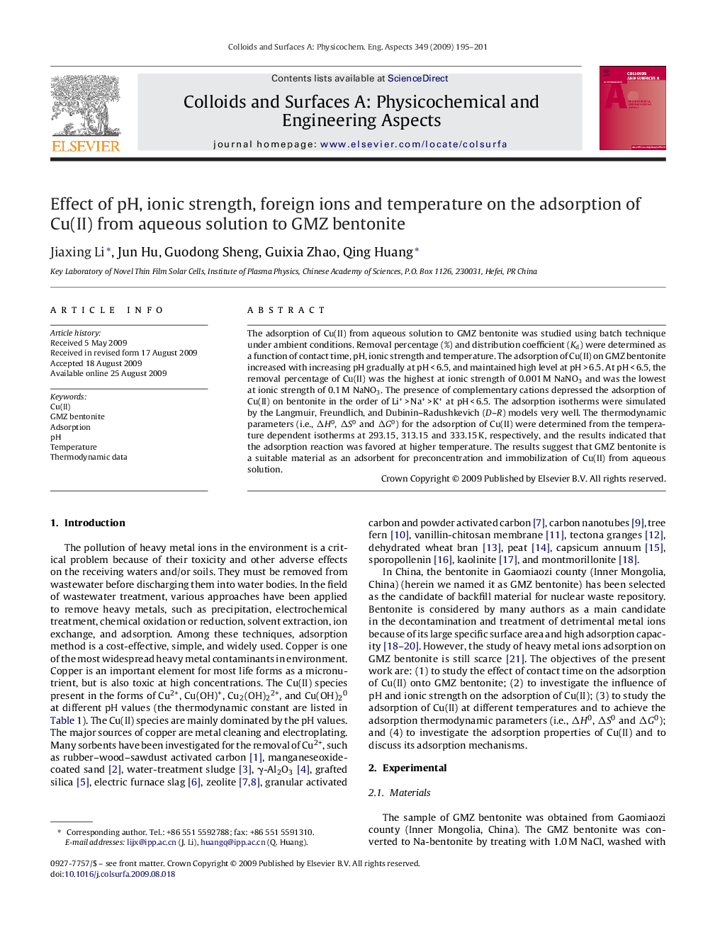 Effect of pH, ionic strength, foreign ions and temperature on the adsorption of Cu(II) from aqueous solution to GMZ bentonite