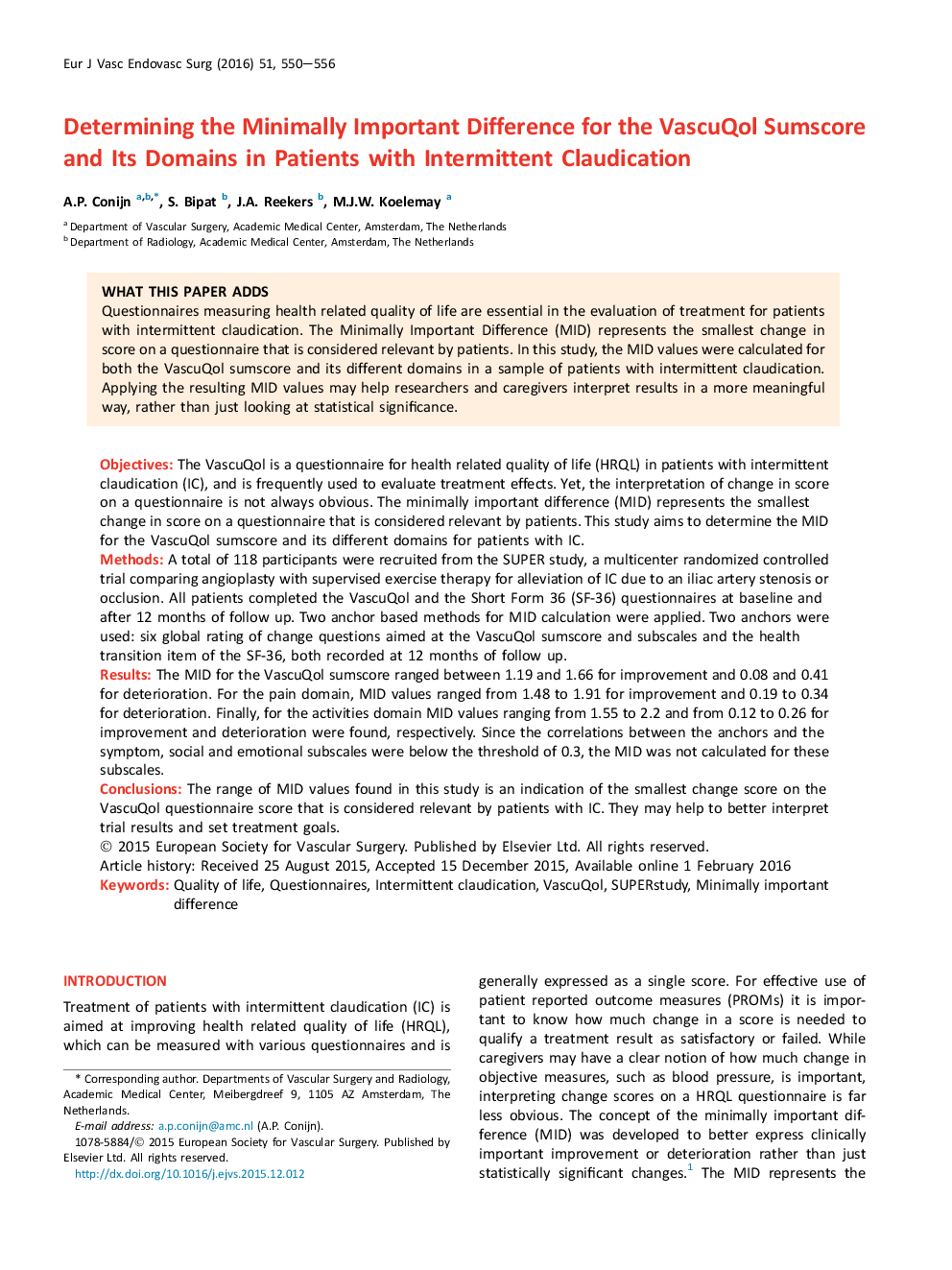 Determining the Minimally Important Difference for the VascuQol Sumscore and Its Domains in Patients with Intermittent Claudication