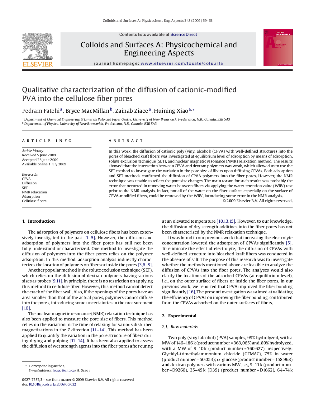 Qualitative characterization of the diffusion of cationic-modified PVA into the cellulose fiber pores