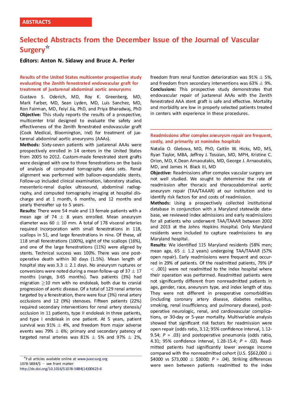 Selected Abstracts from the December Issue of the Journal of Vascular Surgery
