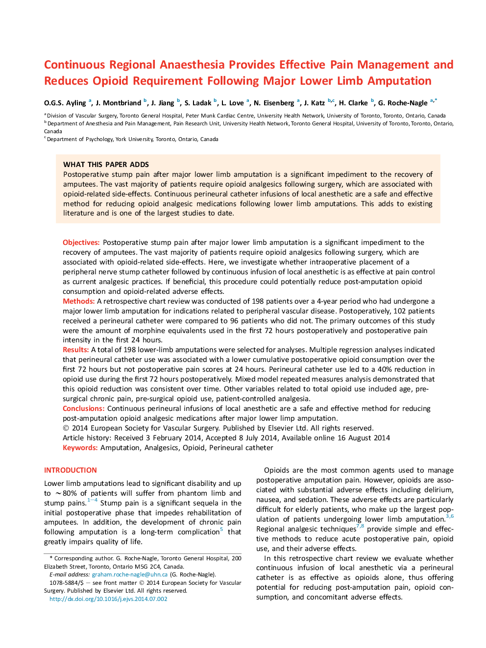 Continuous Regional Anaesthesia Provides Effective Pain Management and Reduces Opioid Requirement Following Major Lower Limb Amputation