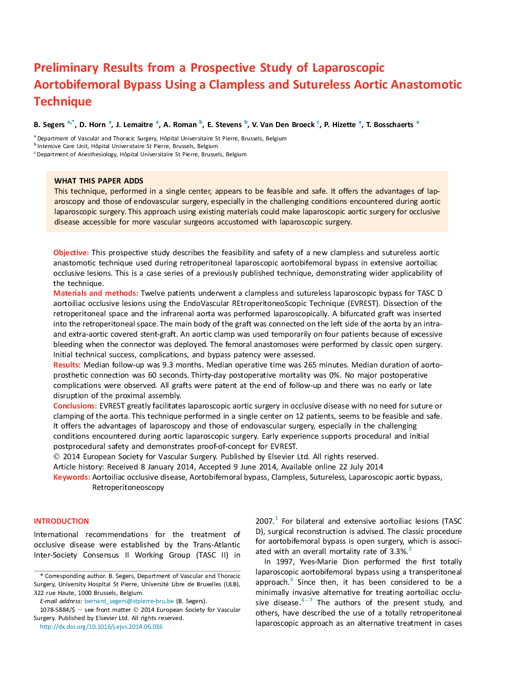 Preliminary Results from a Prospective Study of Laparoscopic Aortobifemoral Bypass Using a Clampless and Sutureless Aortic Anastomotic Technique