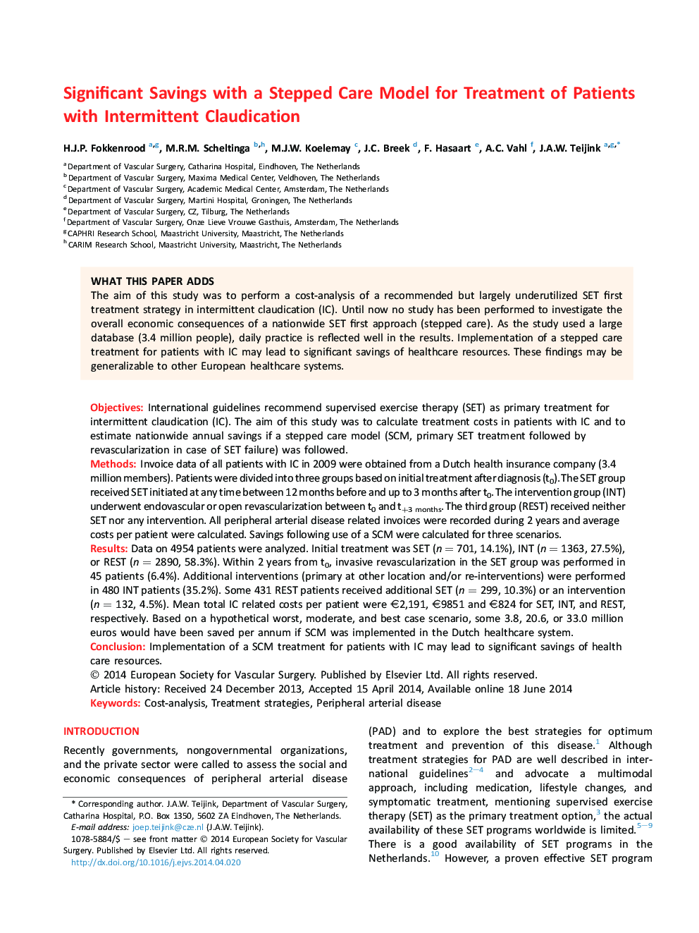 Significant Savings with a Stepped Care Model for Treatment of Patients with Intermittent Claudication