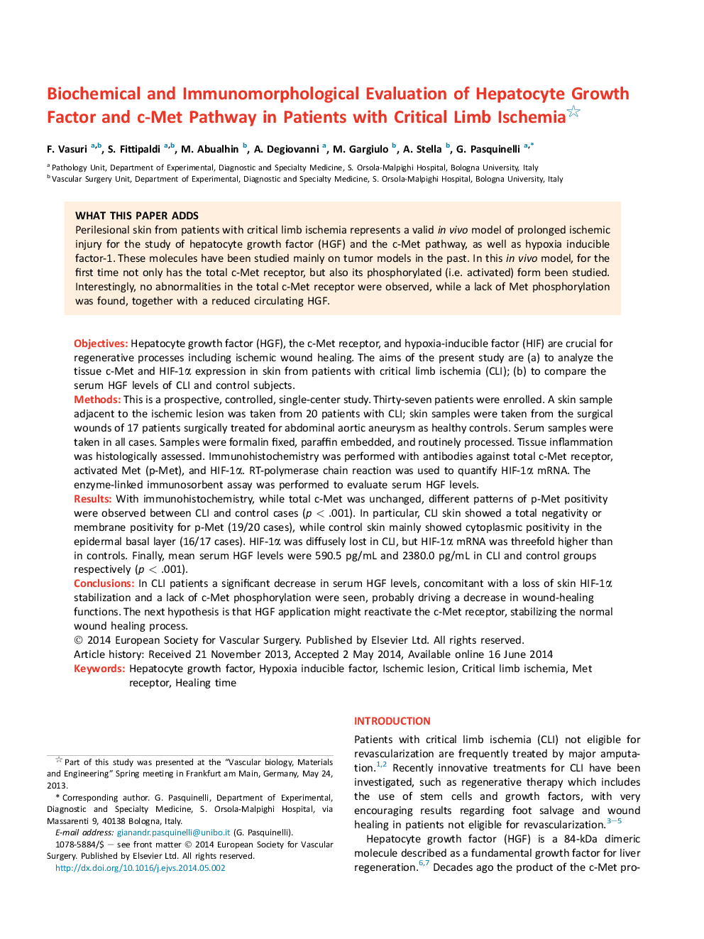 Biochemical and Immunomorphological Evaluation of Hepatocyte Growth Factor and c-Met Pathway in Patients with Critical Limb Ischemia