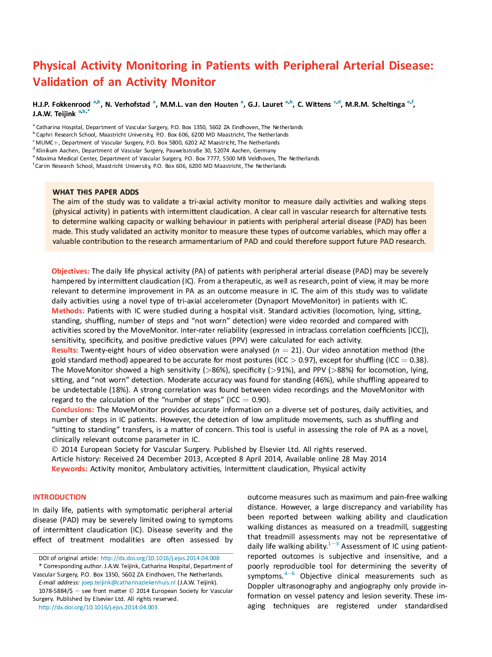 Physical Activity Monitoring in Patients with Peripheral Arterial Disease: Validation of an Activity Monitor