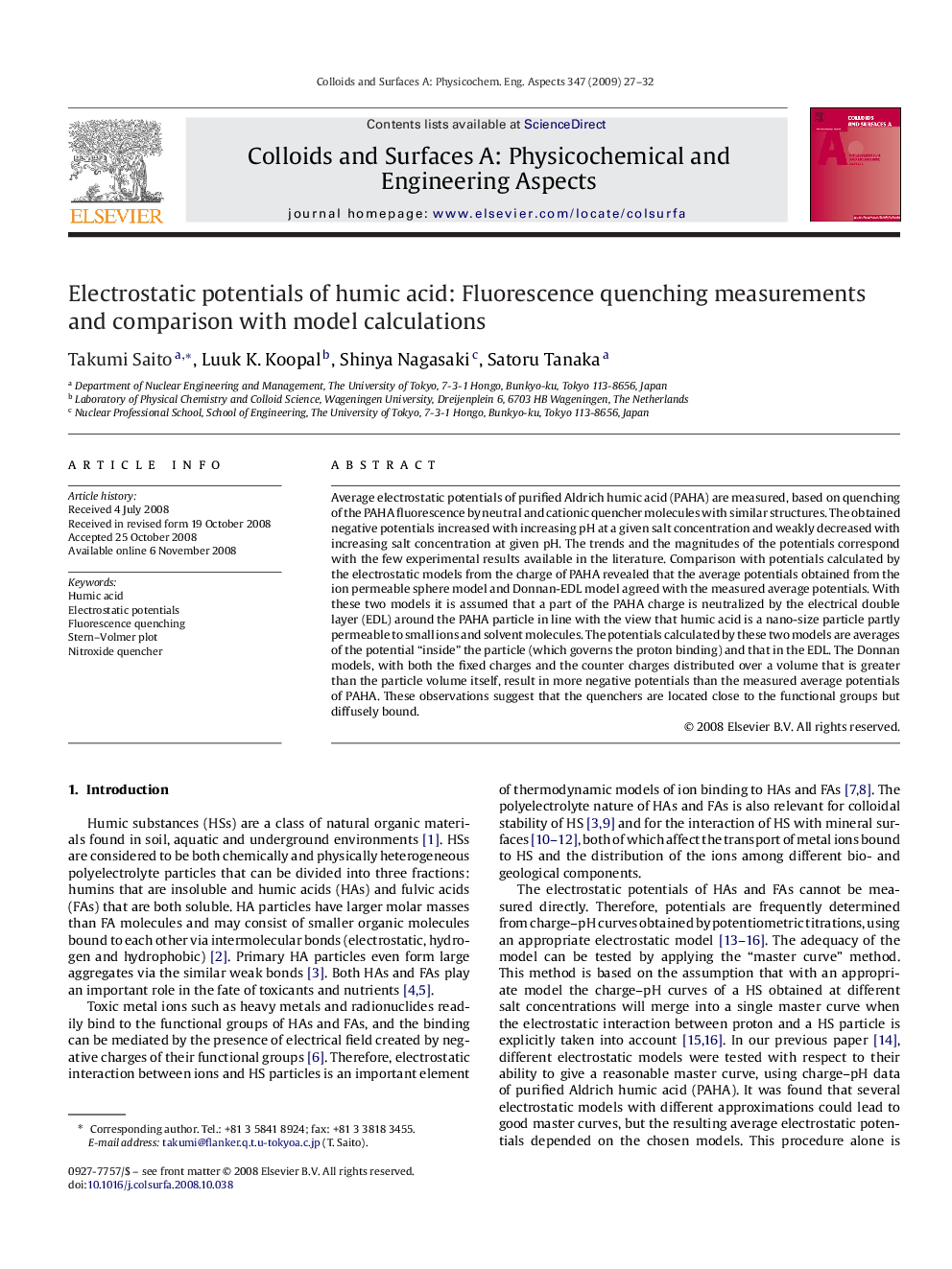 Electrostatic potentials of humic acid: Fluorescence quenching measurements and comparison with model calculations