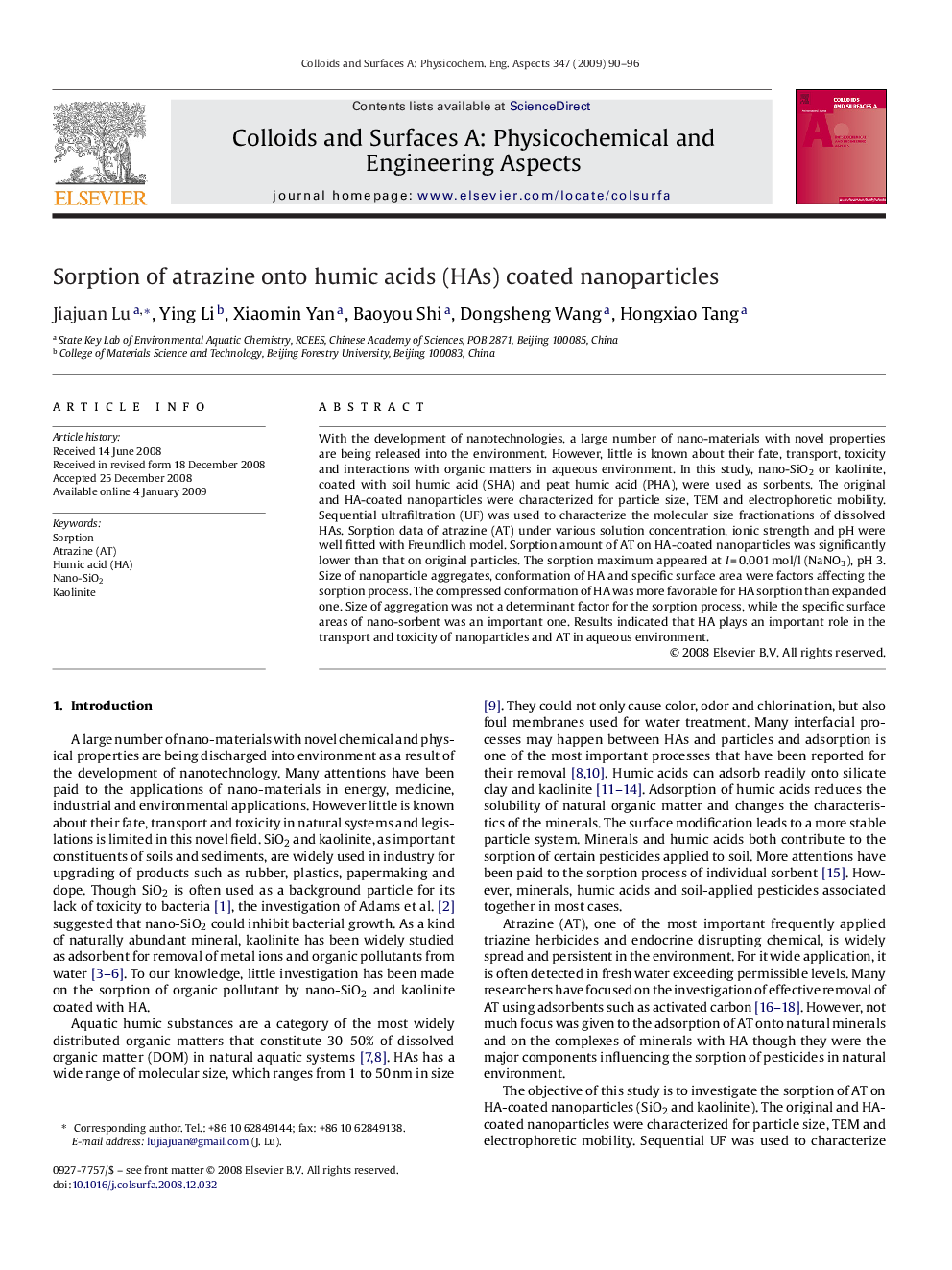 Sorption of atrazine onto humic acids (HAs) coated nanoparticles