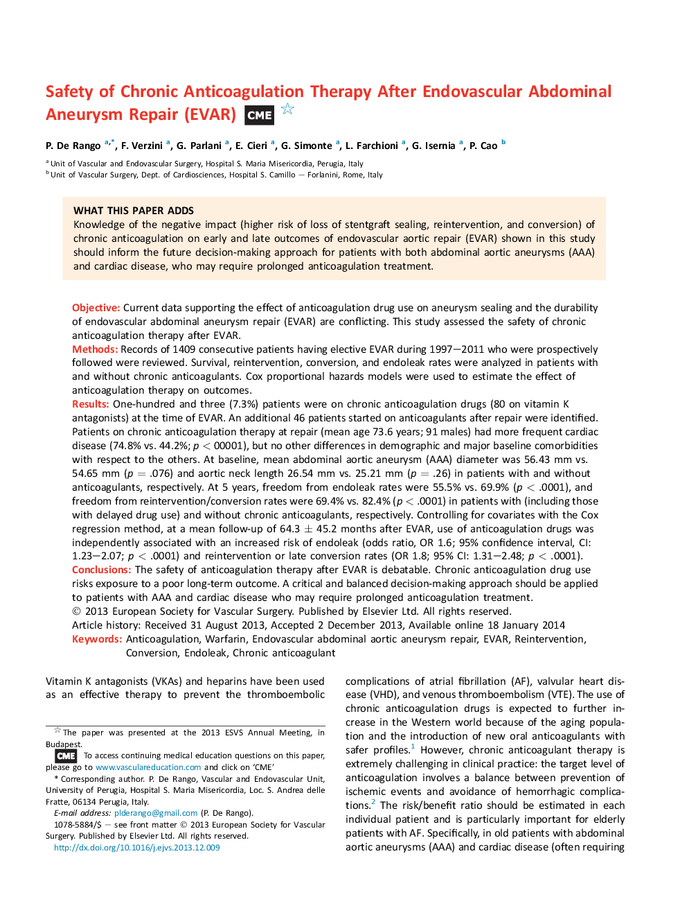 Safety of Chronic Anticoagulation Therapy After Endovascular Abdominal Aneurysm Repair (EVAR)