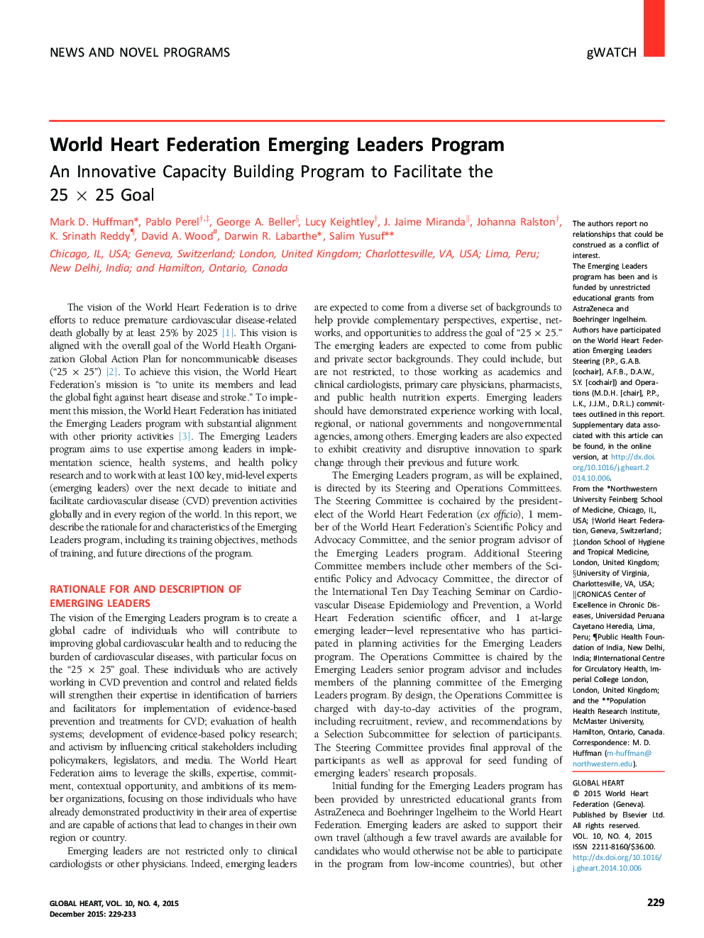 World Heart Federation Emerging Leaders Program: An Innovative Capacity Building Program to Facilitate the 25Â Ã 25 Goal