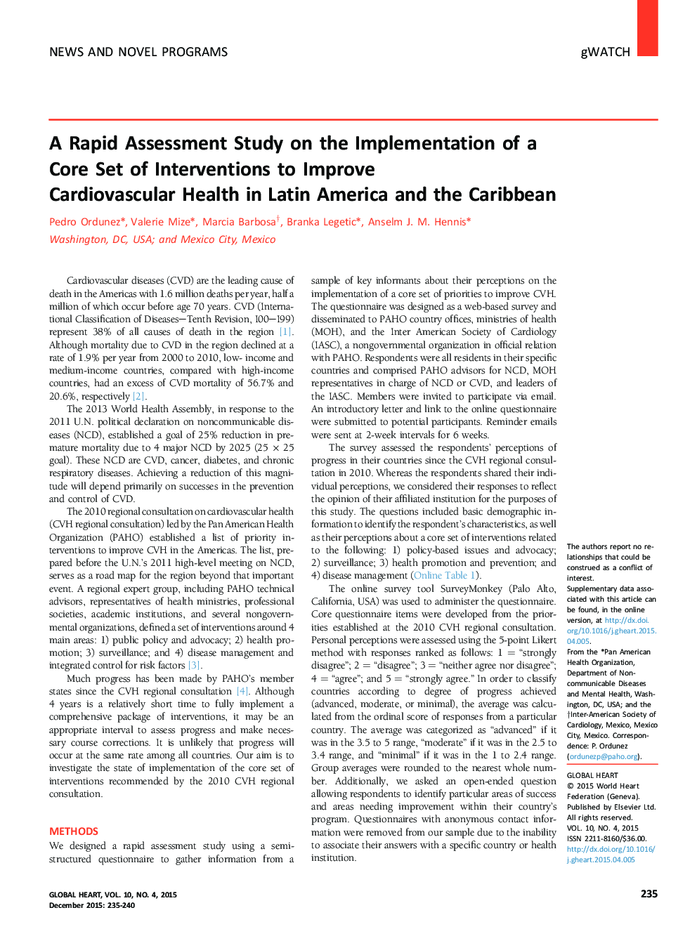 A Rapid Assessment Study on the Implementation of a Core Set of Interventions to Improve Cardiovascular Health in Latin America and the Caribbean