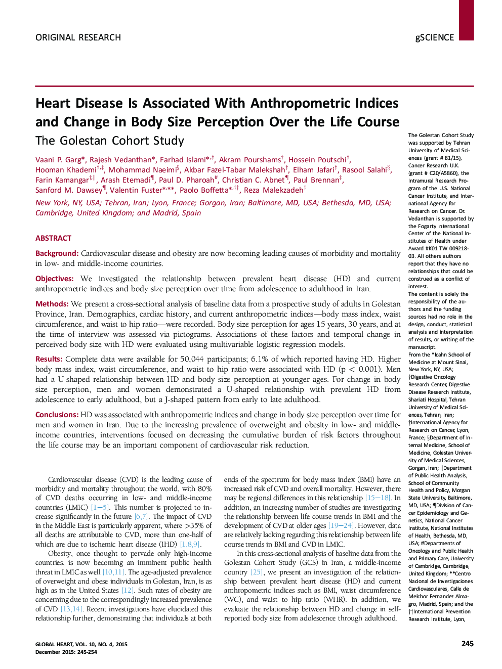 Heart Disease Is Associated With Anthropometric Indices and Change in Body Size Perception Over the Life Course: The Golestan Cohort Study
