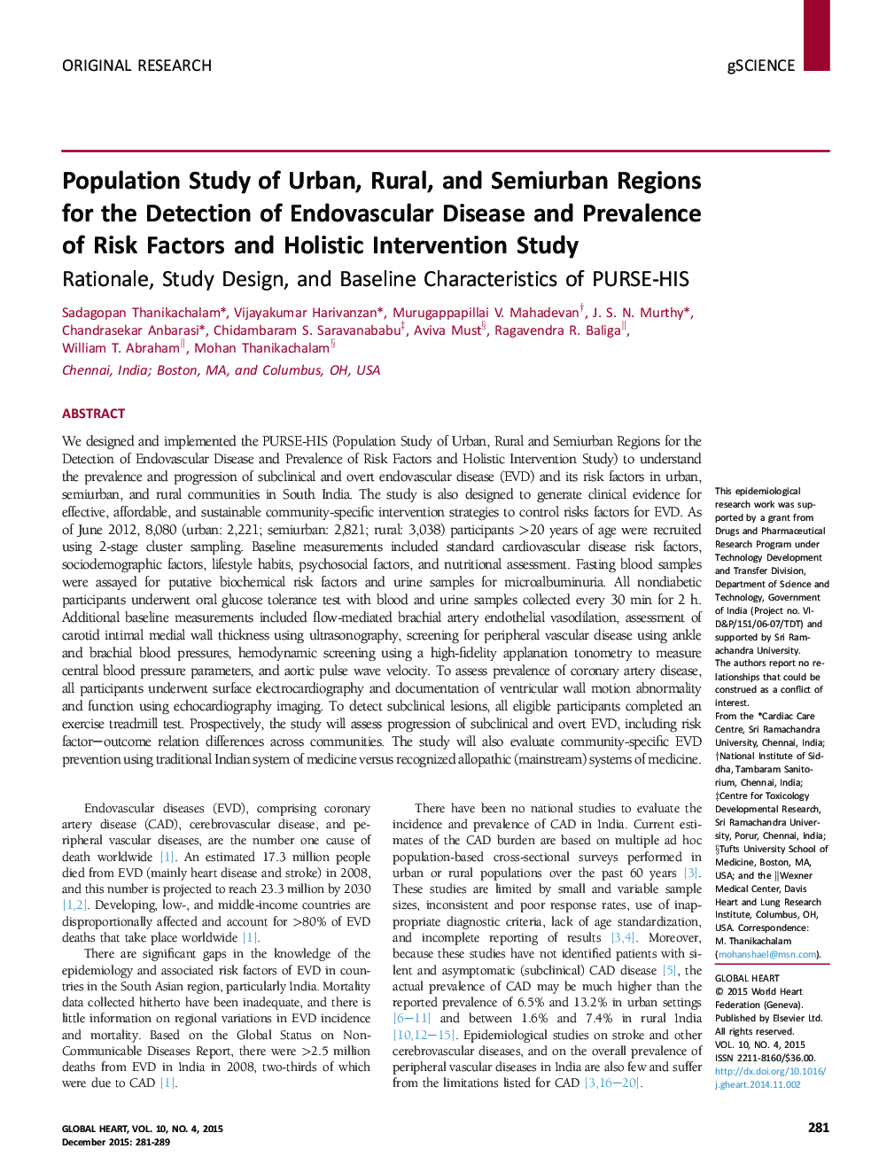 Population Study of Urban, Rural, and Semiurban Regions for the Detection of Endovascular Disease and Prevalence of Risk Factors and Holistic Intervention Study: Rationale, Study Design, and Baseline Characteristics of PURSE-HIS