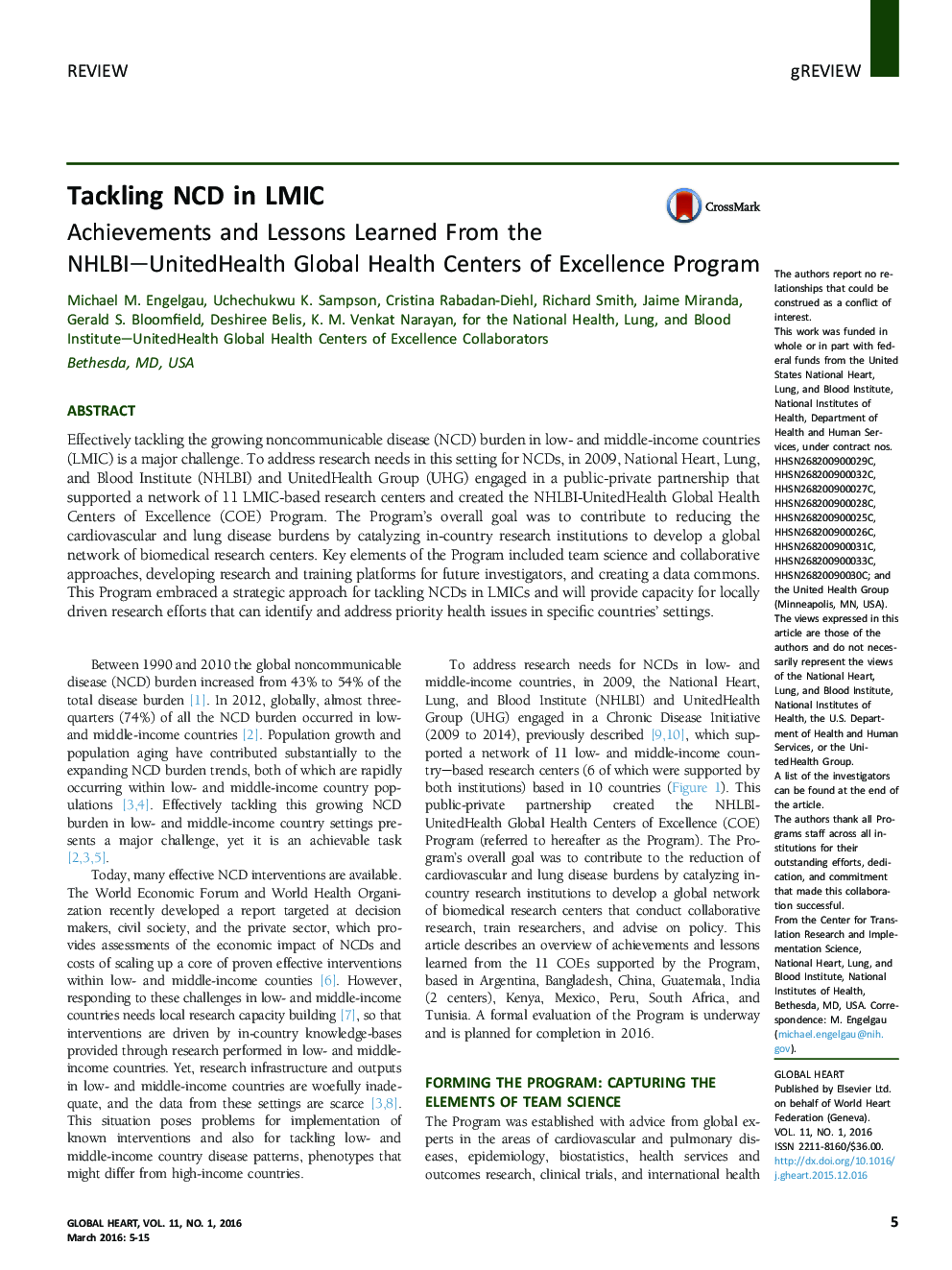 Tackling NCD in LMIC: Achievements and Lessons Learned From the NHLBI-UnitedHealth Global Health Centers of Excellence Program