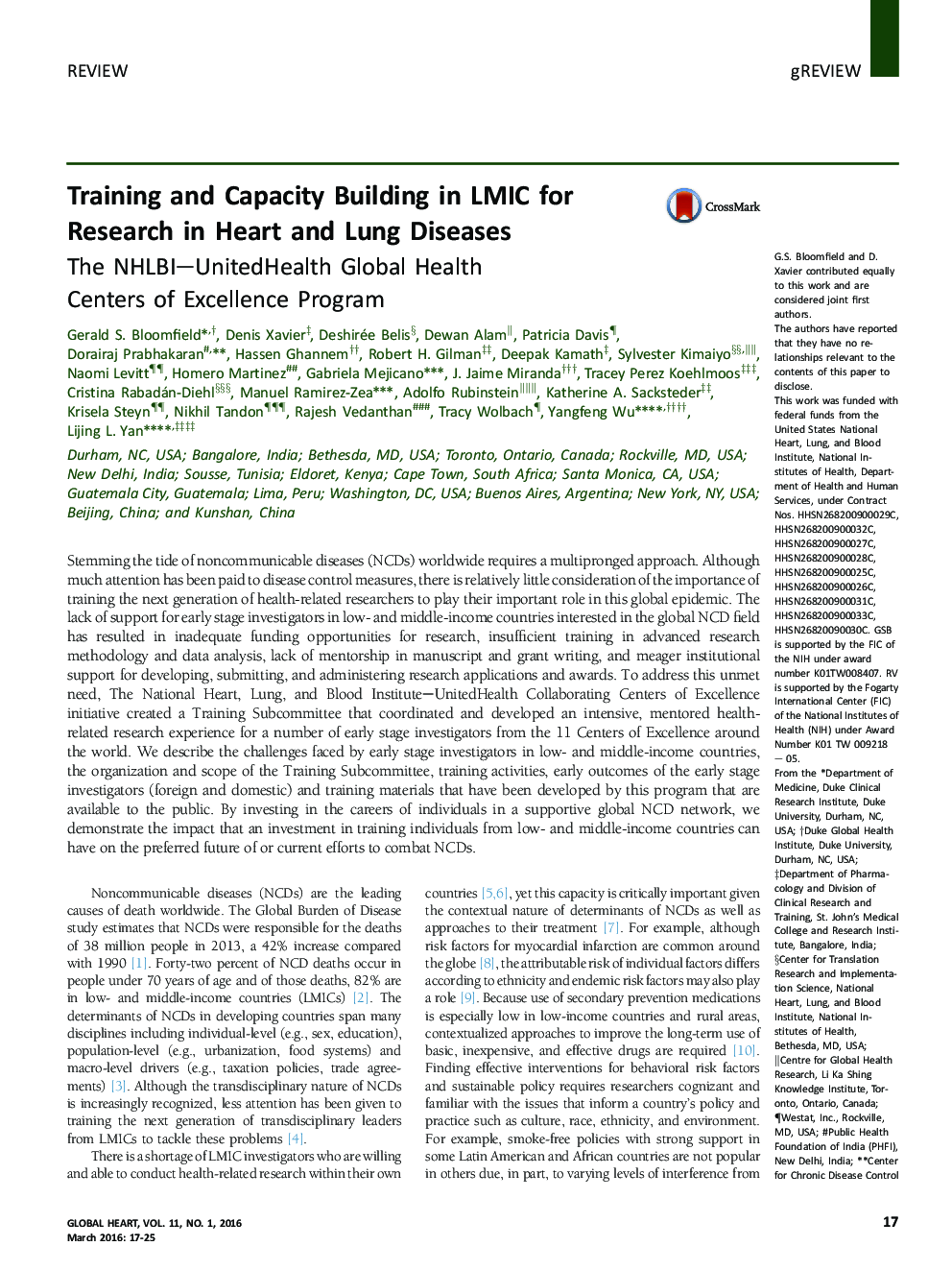 Training and Capacity Building in LMIC for Research in Heart and Lung Diseases: The NHLBI-UnitedHealth Global Health Centers of Excellence Program