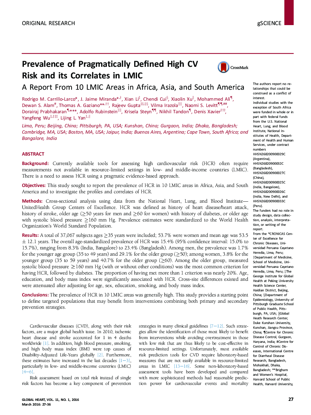 Prevalence of Pragmatically Defined High CV Risk and its Correlates in LMIC: A Report From 10 LMIC Areas in Africa, Asia, and South America