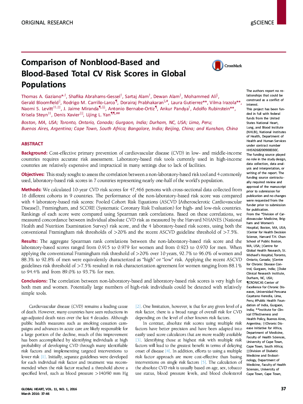 Original ResearchComparison of Nonblood-Based and Blood-Based Total CV Risk Scores in Global Populations