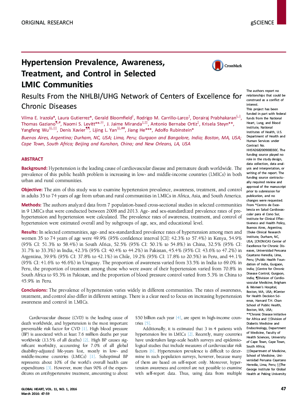 Hypertension Prevalence, Awareness, Treatment, and Control in Selected LMIC Communities: Results From the NHLBI/UHG Network of Centers of Excellence for Chronic Diseases