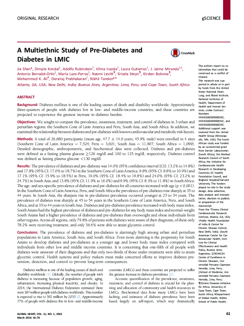 A Multiethnic Study of Pre-Diabetes and Diabetes in LMIC
