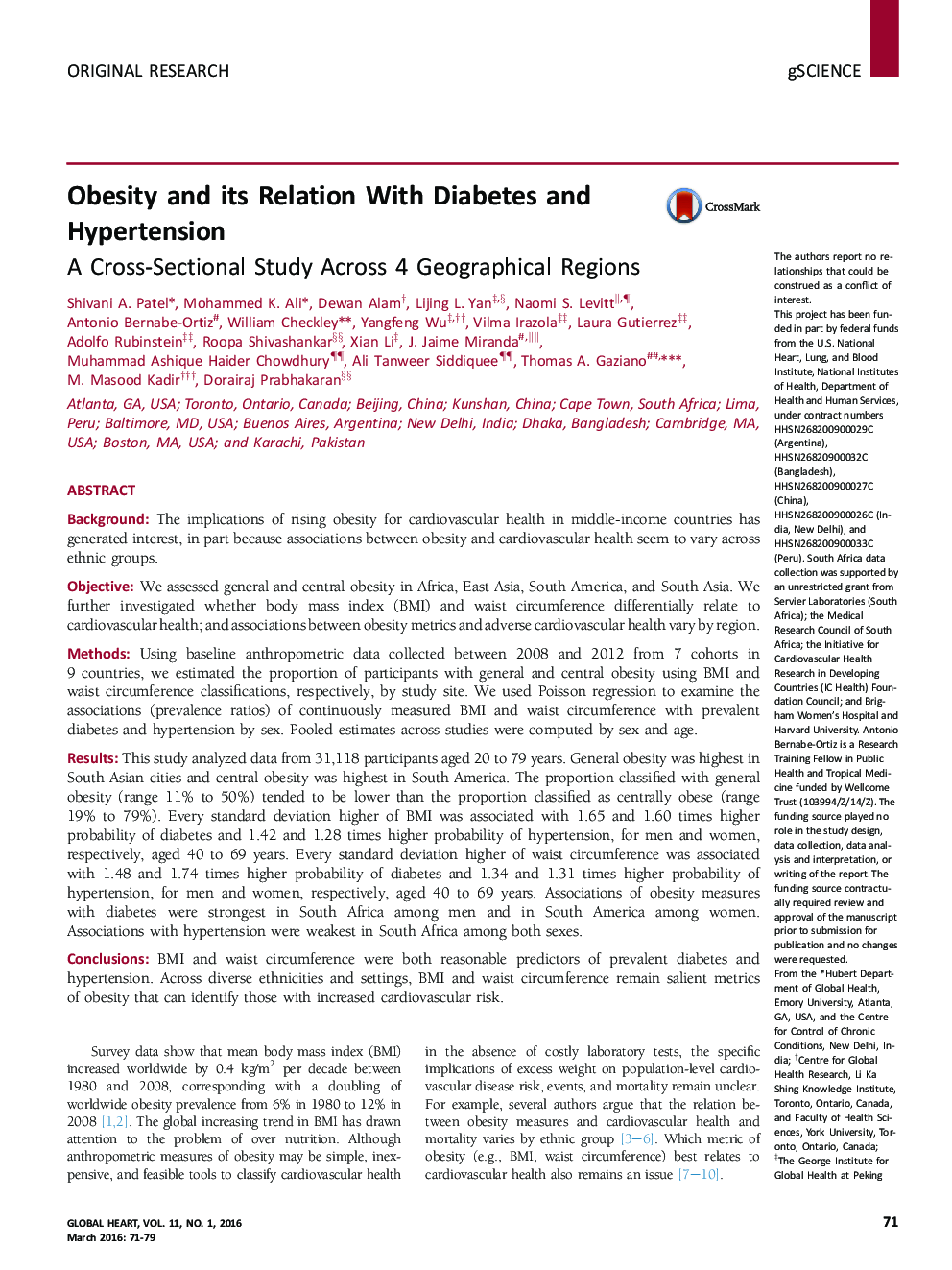 Obesity and its Relation With Diabetes and Hypertension: A Cross-Sectional Study Across 4 Geographical Regions