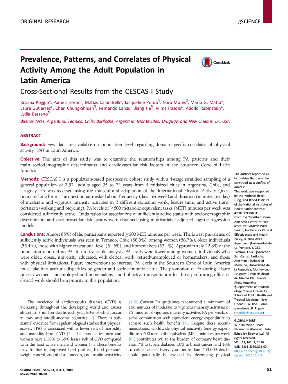 Prevalence, Patterns, and Correlates of Physical Activity Among the Adult Population in Latin America: Cross-Sectional Results from the CESCAS I Study