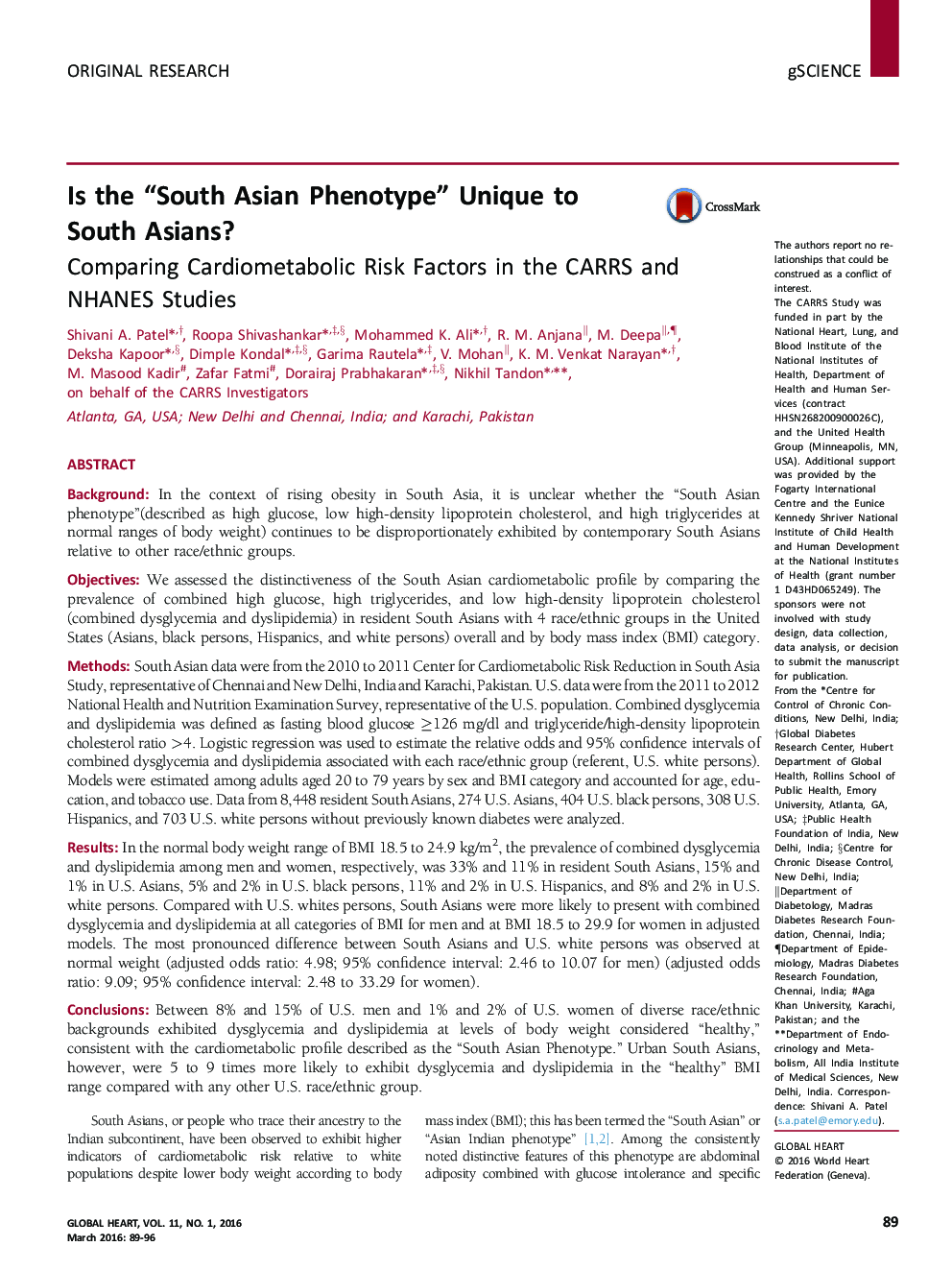 Is the “South Asian Phenotype” Unique to South Asians?: Comparing Cardiometabolic Risk Factors in the CARRS and NHANESÂ Studies