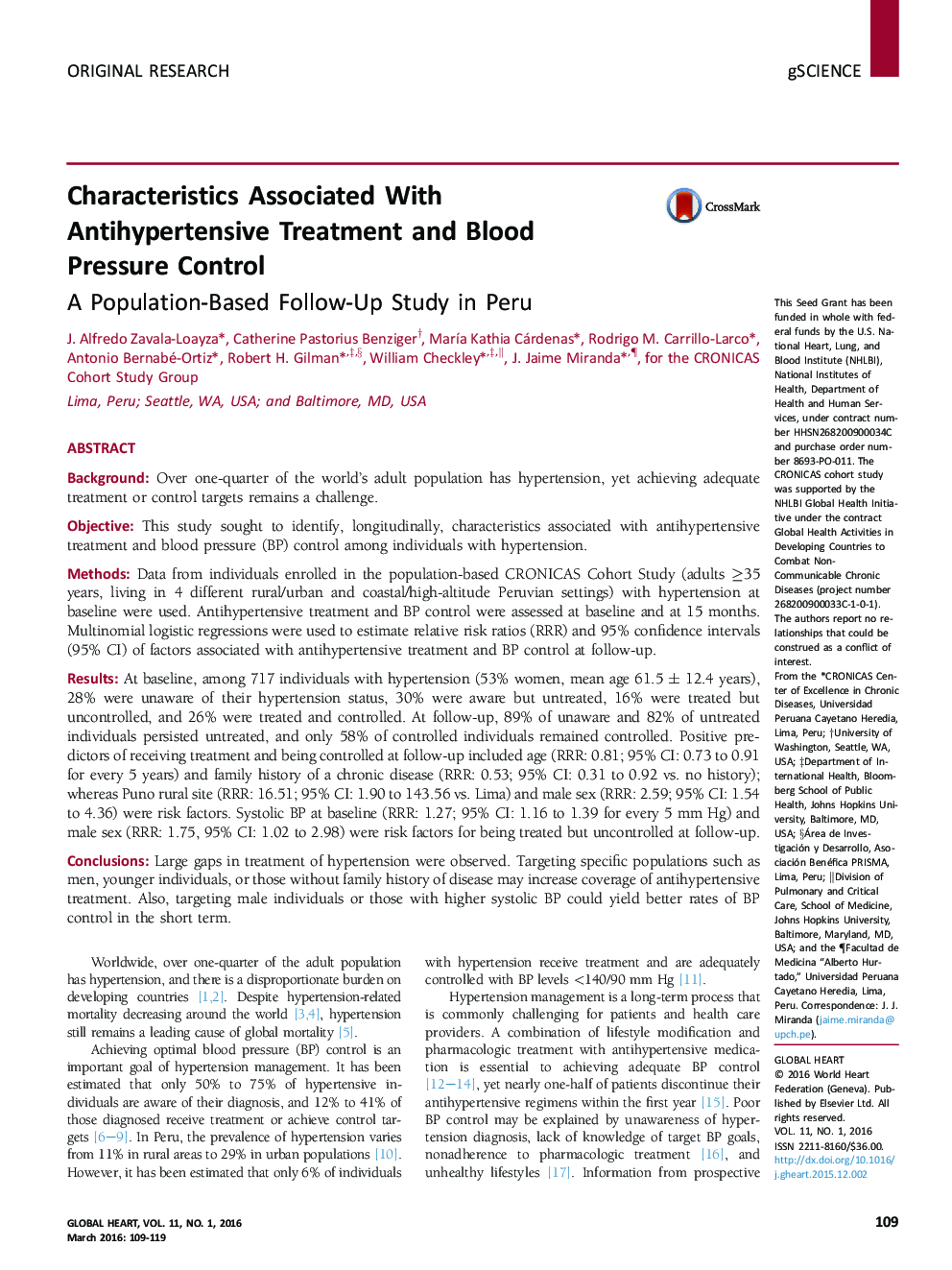 Characteristics Associated With Antihypertensive Treatment and Blood Pressure Control: A Population-Based Follow-Up Study in Peru