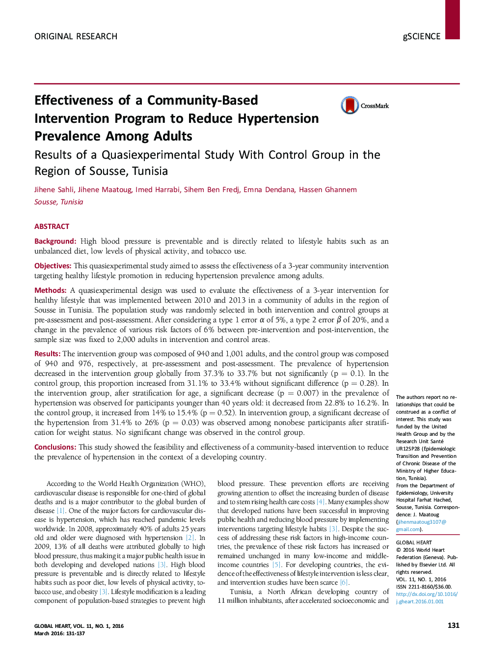 Effectiveness of a Community-Based Intervention Program to Reduce Hypertension Prevalence Among Adults: Results of a Quasiexperimental Study With Control Group in the Region of Sousse, Tunisia