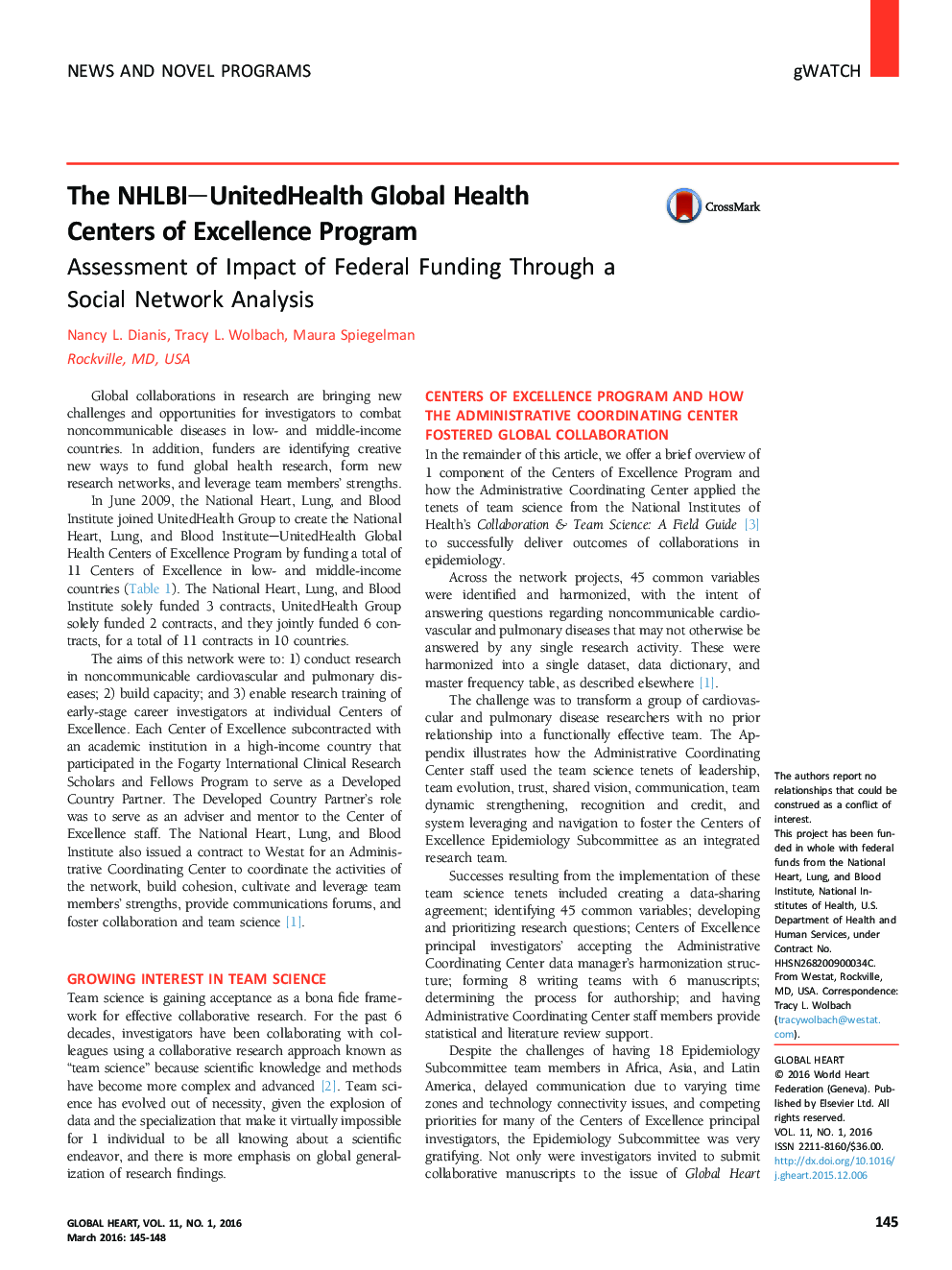 The NHLBI-UnitedHealth Global Health Centers of ExcellenceÂ Program: Assessment of Impact of Federal Funding Through a Social Network Analysis