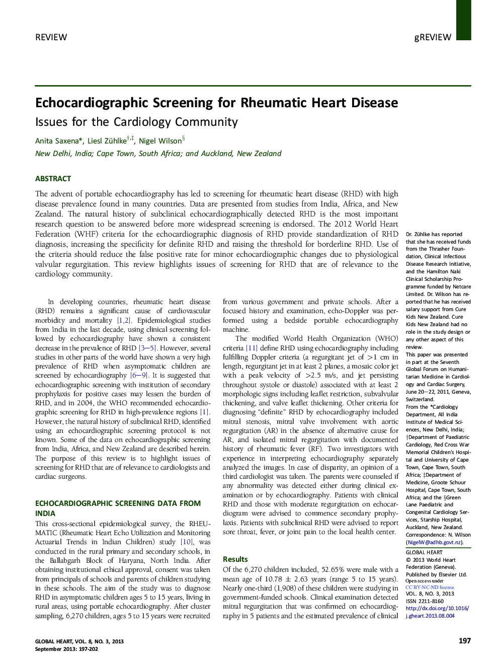 Echocardiographic Screening for Rheumatic Heart Disease: Issues for the Cardiology Community