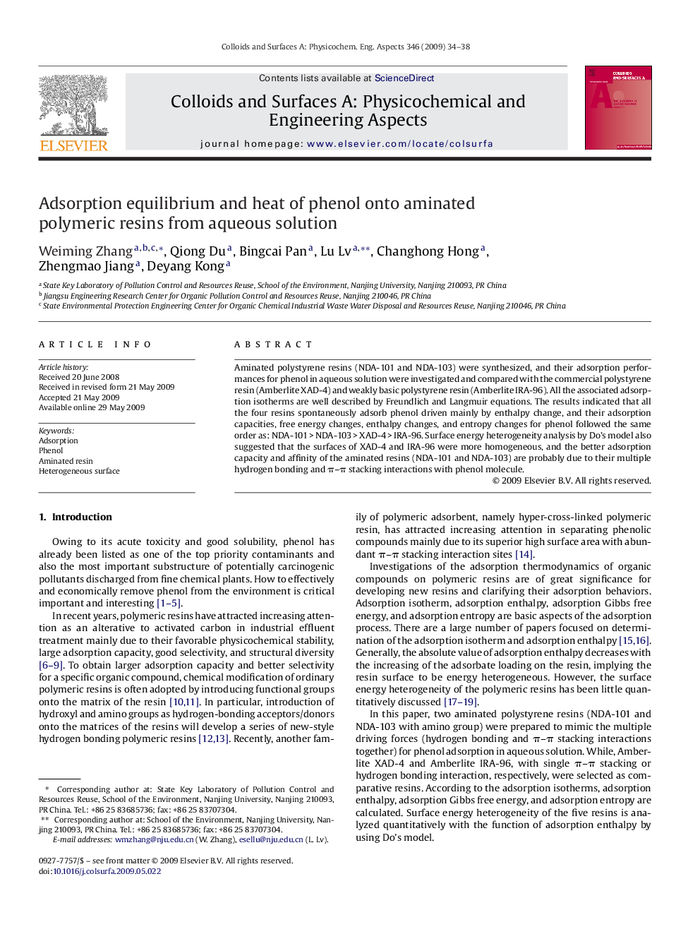 Adsorption equilibrium and heat of phenol onto aminated polymeric resins from aqueous solution