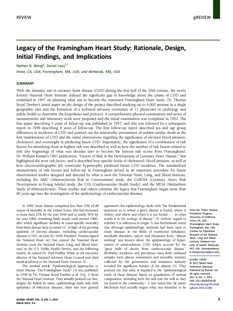 Legacy of the Framingham Heart Study: Rationale, Design, Initial Findings, and Implications