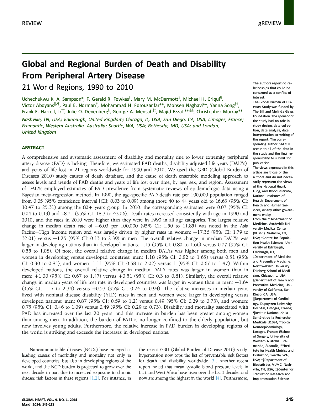 Global and Regional Burden of Death and Disability From Peripheral Artery Disease: 21 World Regions, 1990 to 2010