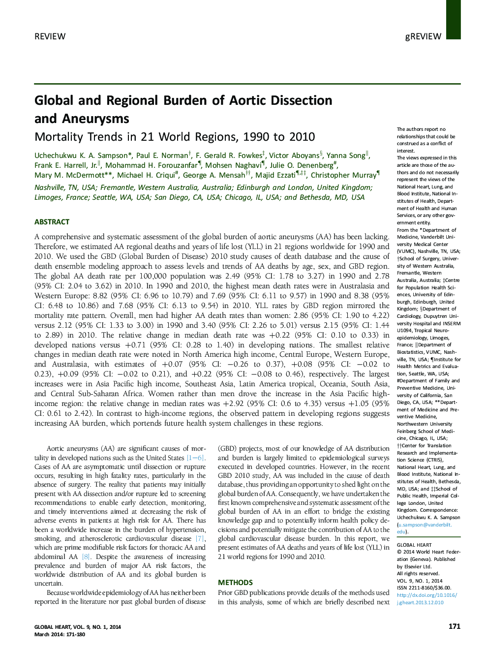 Global and Regional Burden of Aortic Dissection and Aneurysms: Mortality Trends in 21 World Regions, 1990 to 2010