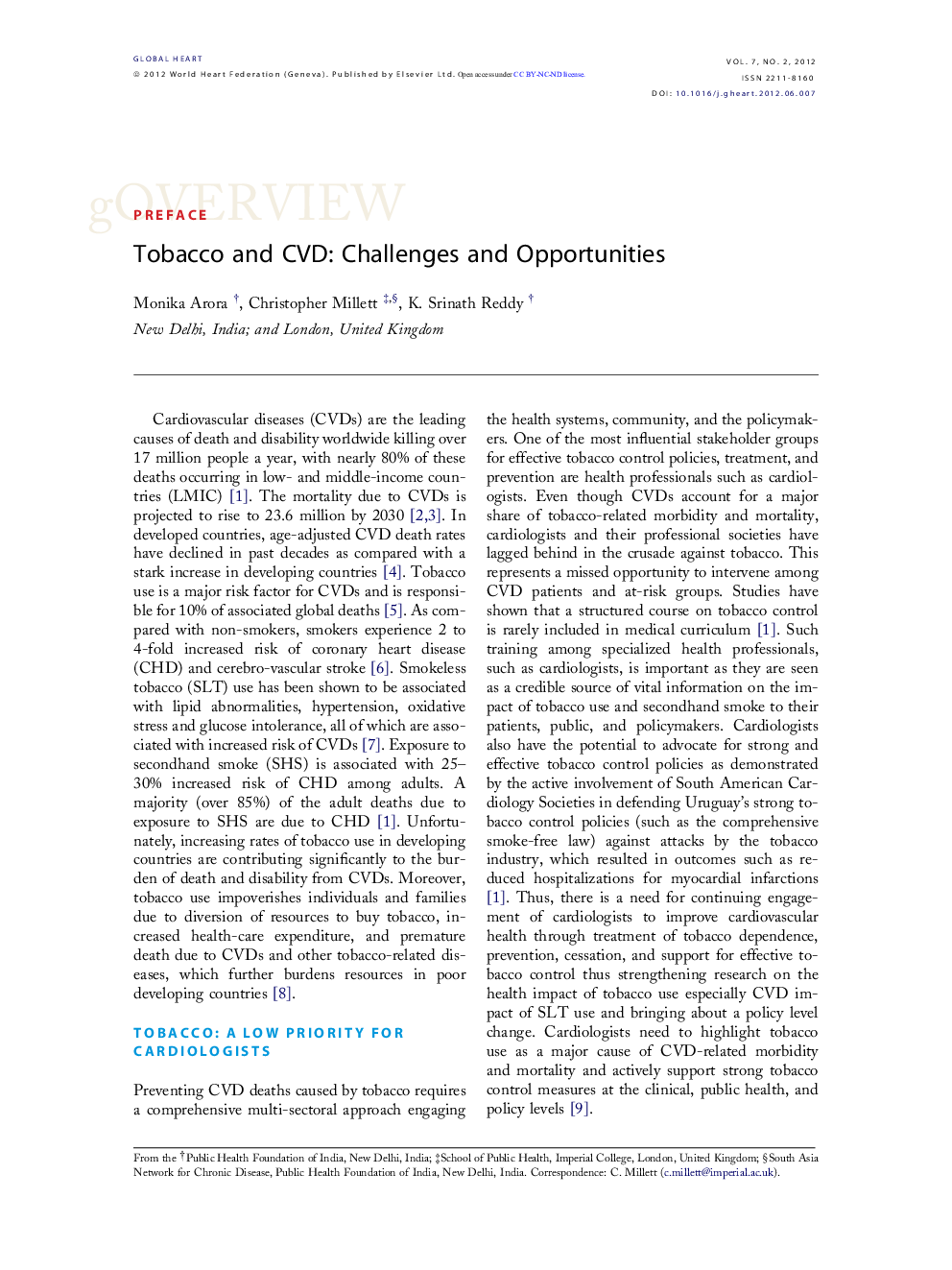 Tobacco and CVD: Challenges and Opportunities