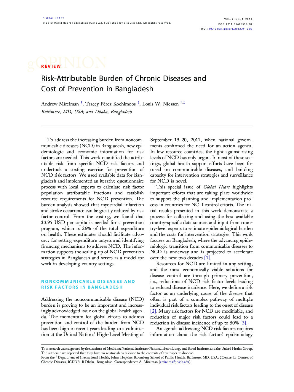 Risk-Attributable Burden of Chronic Diseases and Cost of Prevention in Bangladesh