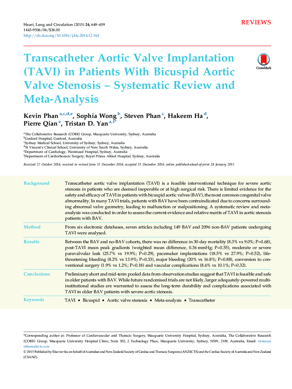 Transcatheter Aortic Valve Implantation (TAVI) in Patients With Bicuspid Aortic Valve Stenosis - Systematic Review and Meta-Analysis