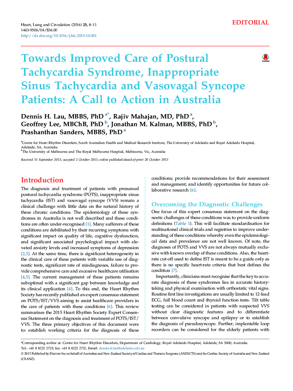 Towards Improved Care of Postural Tachycardia Syndrome, Inappropriate Sinus Tachycardia and Vasovagal Syncope Patients: A Call to Action in Australia