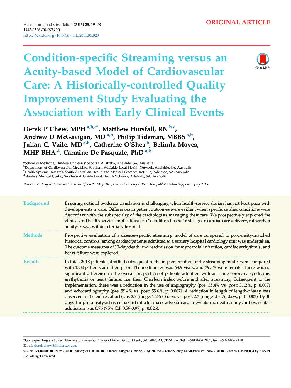Condition-specific Streaming versus an Acuity-based Model of Cardiovascular Care: A Historically-controlled Quality Improvement Study Evaluating the Association with Early Clinical Events