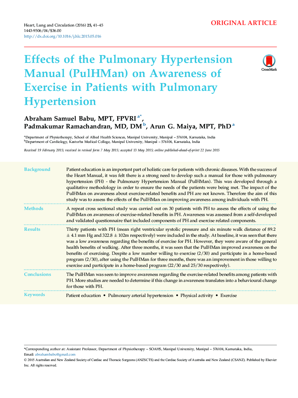 Effects of the Pulmonary Hypertension Manual (PulHMan) on Awareness of Exercise in Patients with Pulmonary Hypertension