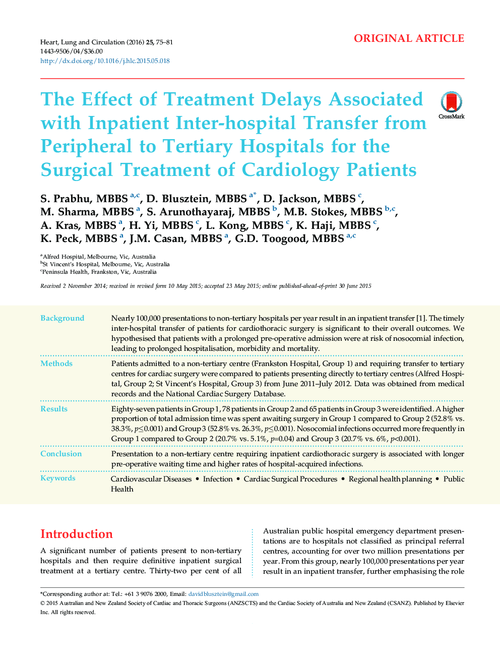 The Effect of Treatment Delays Associated with Inpatient Inter-hospital Transfer from Peripheral to Tertiary Hospitals for the Surgical Treatment of Cardiology Patients