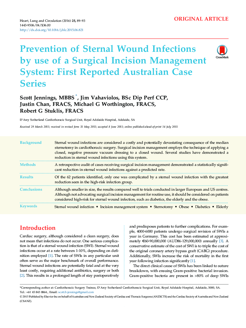 Prevention of Sternal Wound Infections by use of a Surgical Incision Management System: First Reported Australian Case Series