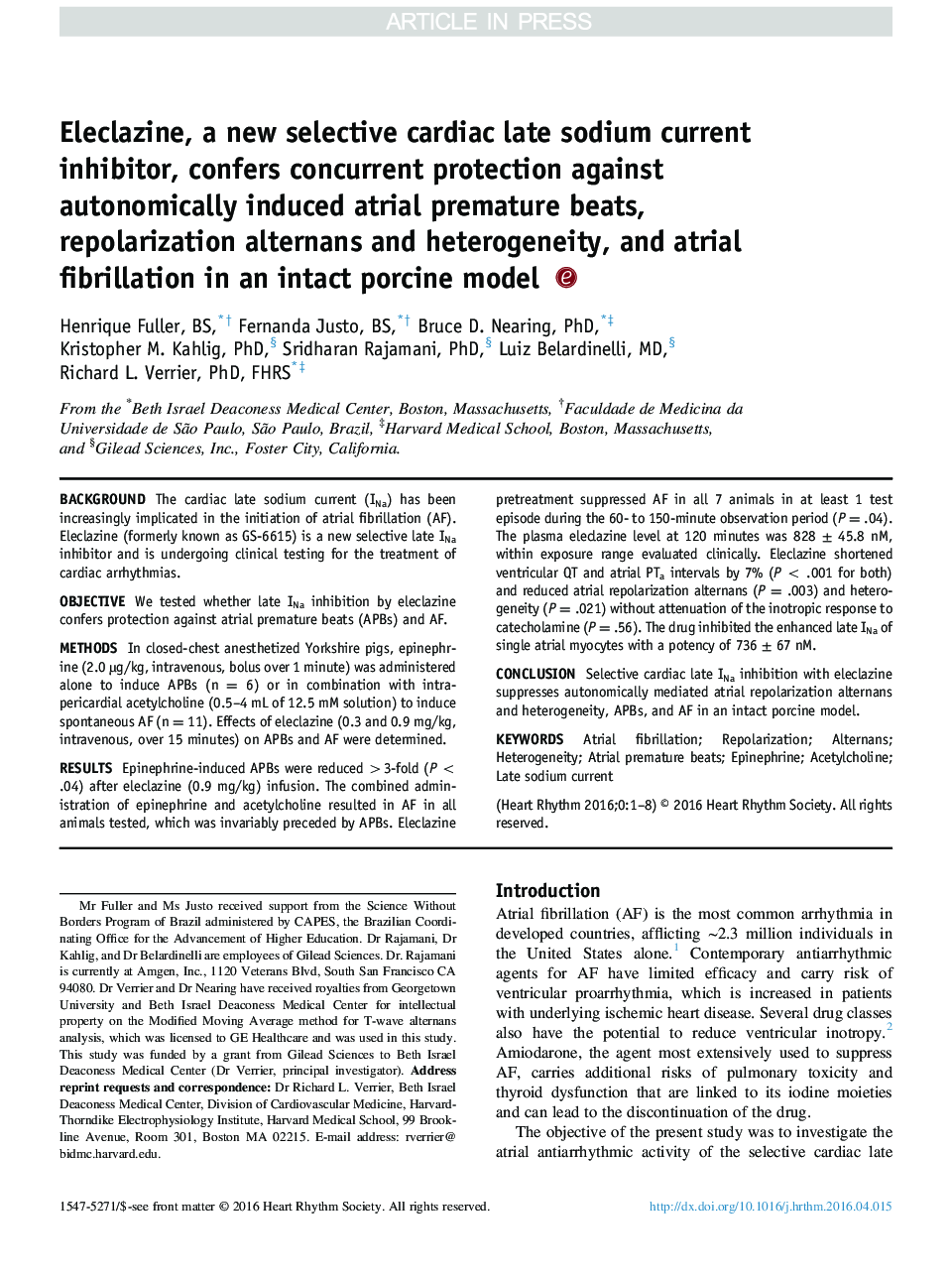 Eleclazine, a new selective cardiac late sodium current inhibitor, confers concurrent protection against autonomically induced atrial premature beats, repolarization alternans and heterogeneity, and atrial fibrillation in an intact porcine model