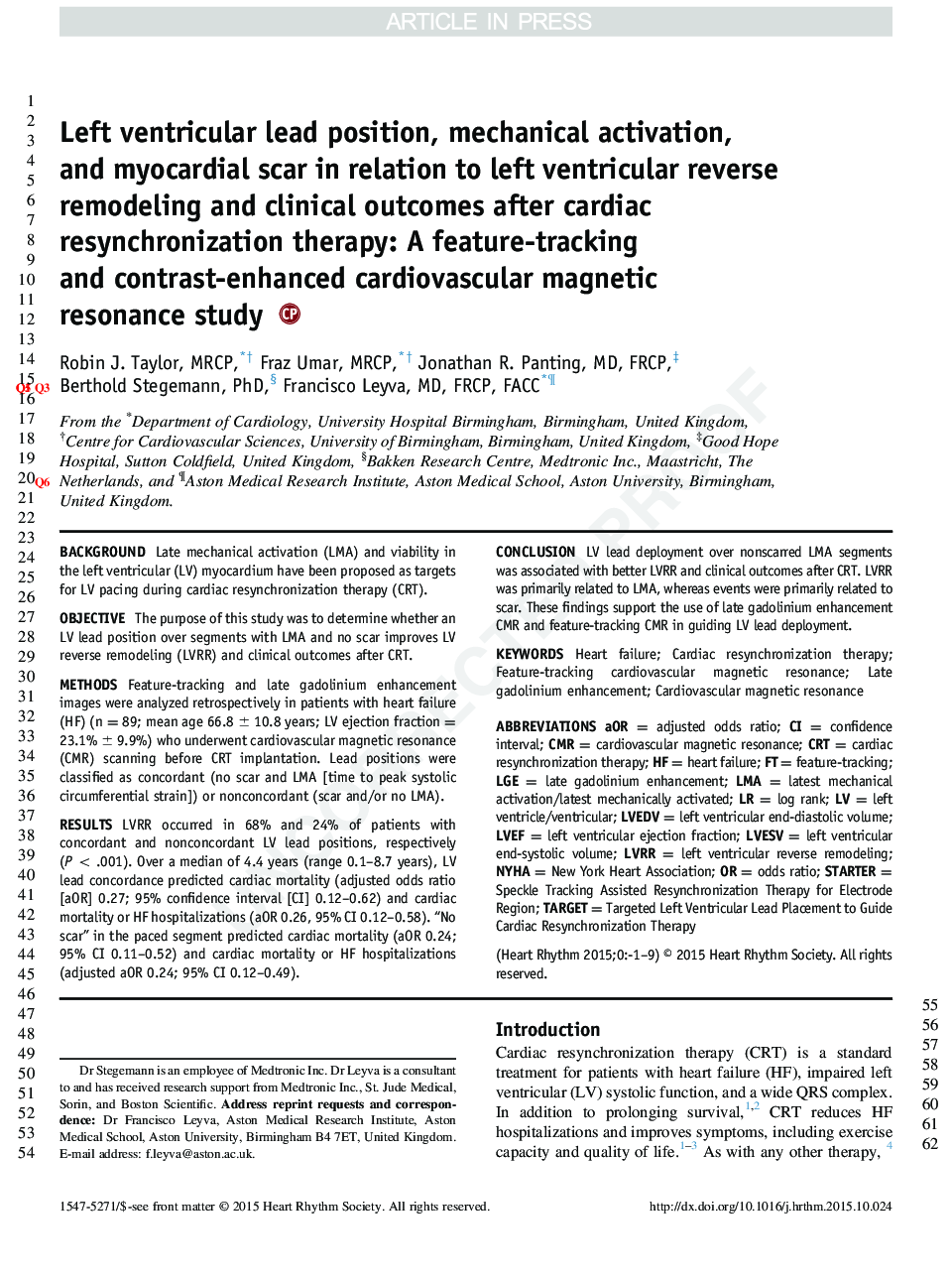 Left ventricular lead position, mechanical activation, and myocardial scar in relation to left ventricular reverse remodeling and clinical outcomes after cardiac resynchronization therapy: A feature-tracking and contrast-enhanced cardiovascular magnetic r