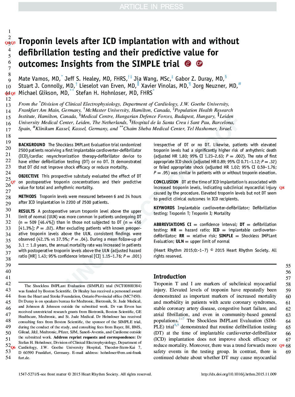 Troponin levels after ICD implantation with and without defibrillation testing and their predictive value for outcomes: Insights from the SIMPLE trial